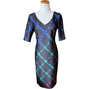 Womens Just Taylor Black Plaid Print Chic Knit Pencil V Neck Dress - Sz 6